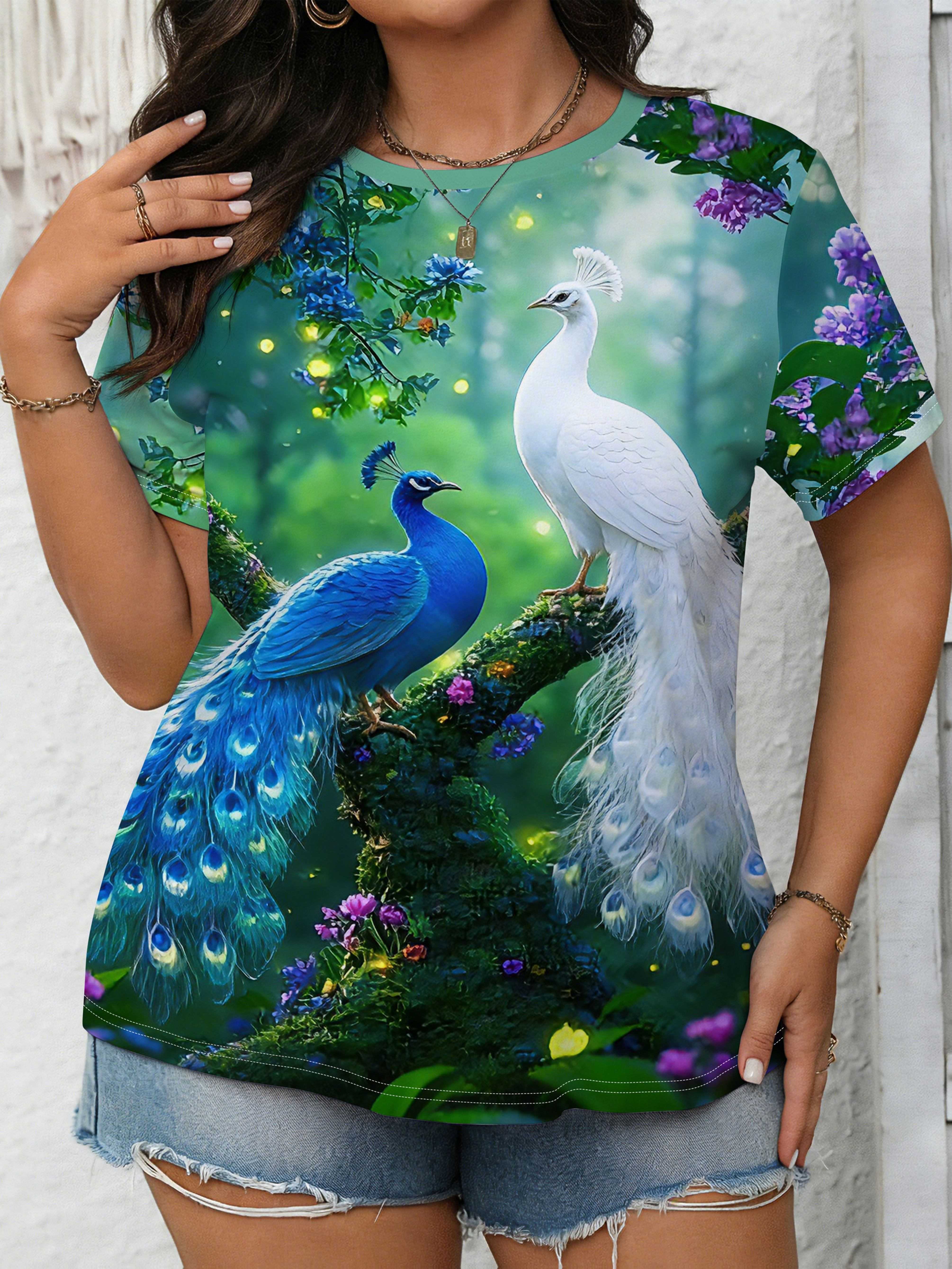 

A Large Size Women S Fresh Blue And White Peacock Print Short-Sleeve T-Shirt with Green Forest Print. Round Neck. And Casual Style. The Fabric Is Soft S дубильная кора