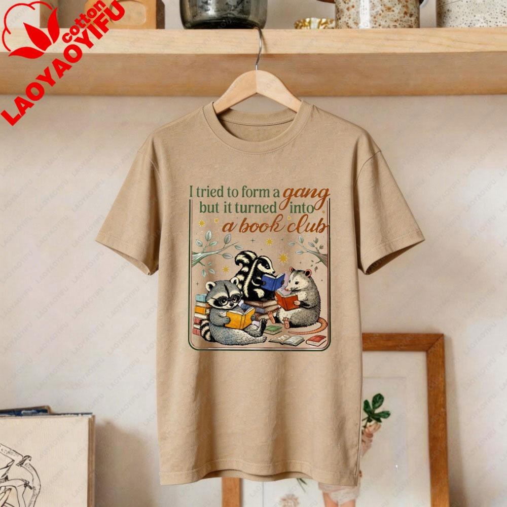 

Funny Trash Panda Reading TShirt I Tried To Form A Gang But It Turned Into A Book Club Women Shirt Gift for Book Lovers 4XL