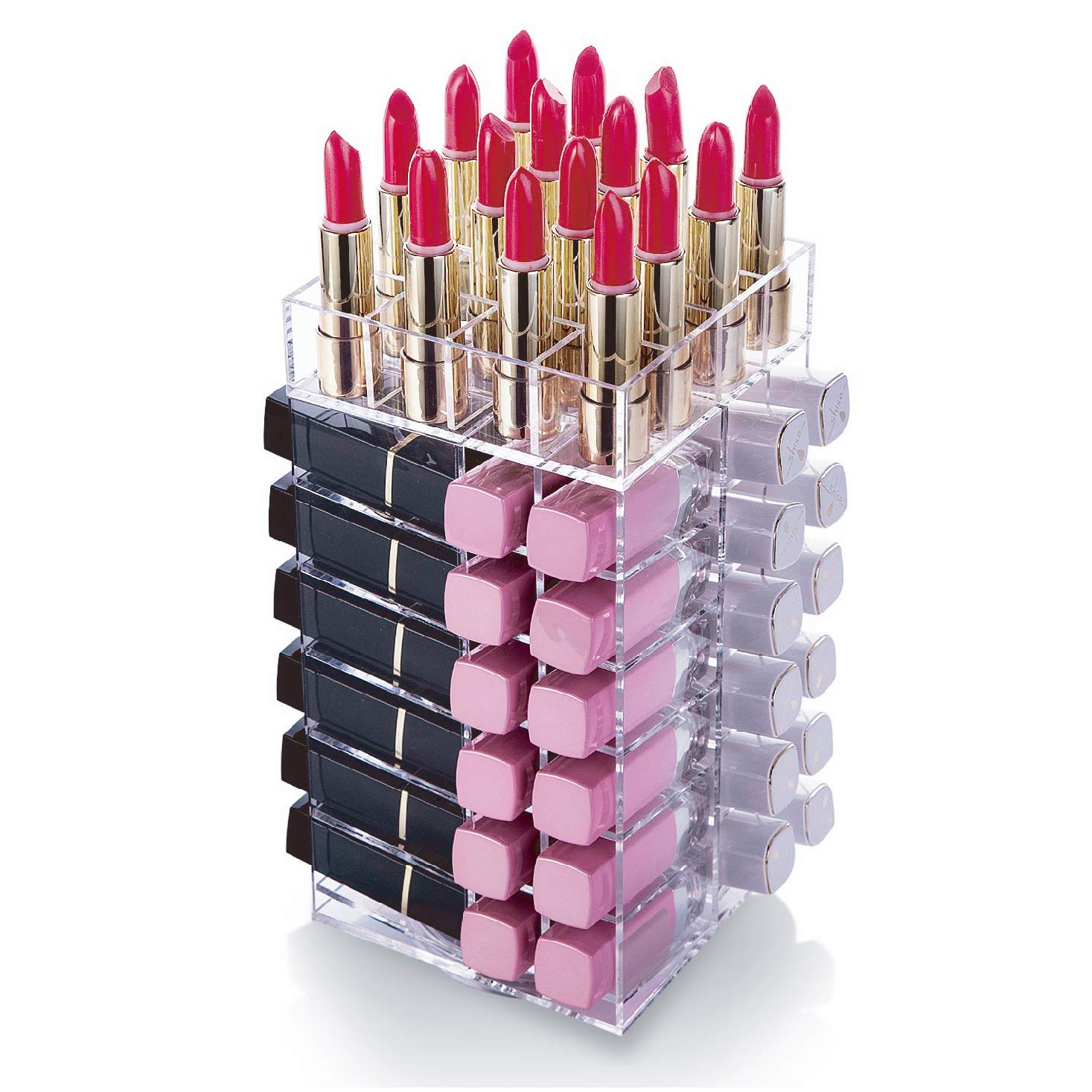 ColorfylCoco Lip Stand, Acrylic Rotating Lipstick Stand, Rotating Lip Tower, Holds 64 Lipsticks, 360-Degree Rotating Lipstick Holder, Transparent Acry