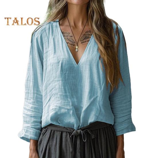 Dámská košile s dlouhým rukávem s výstřihem do V, jednobarevná, ležérní volný střih, topy, všestranná halenka na práci, na denní nošení, na párty