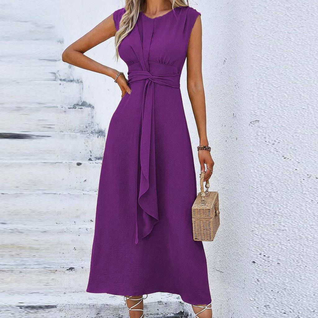 Women's Fashion Casual -Color Waist-Tied Long Sleeveless Dress