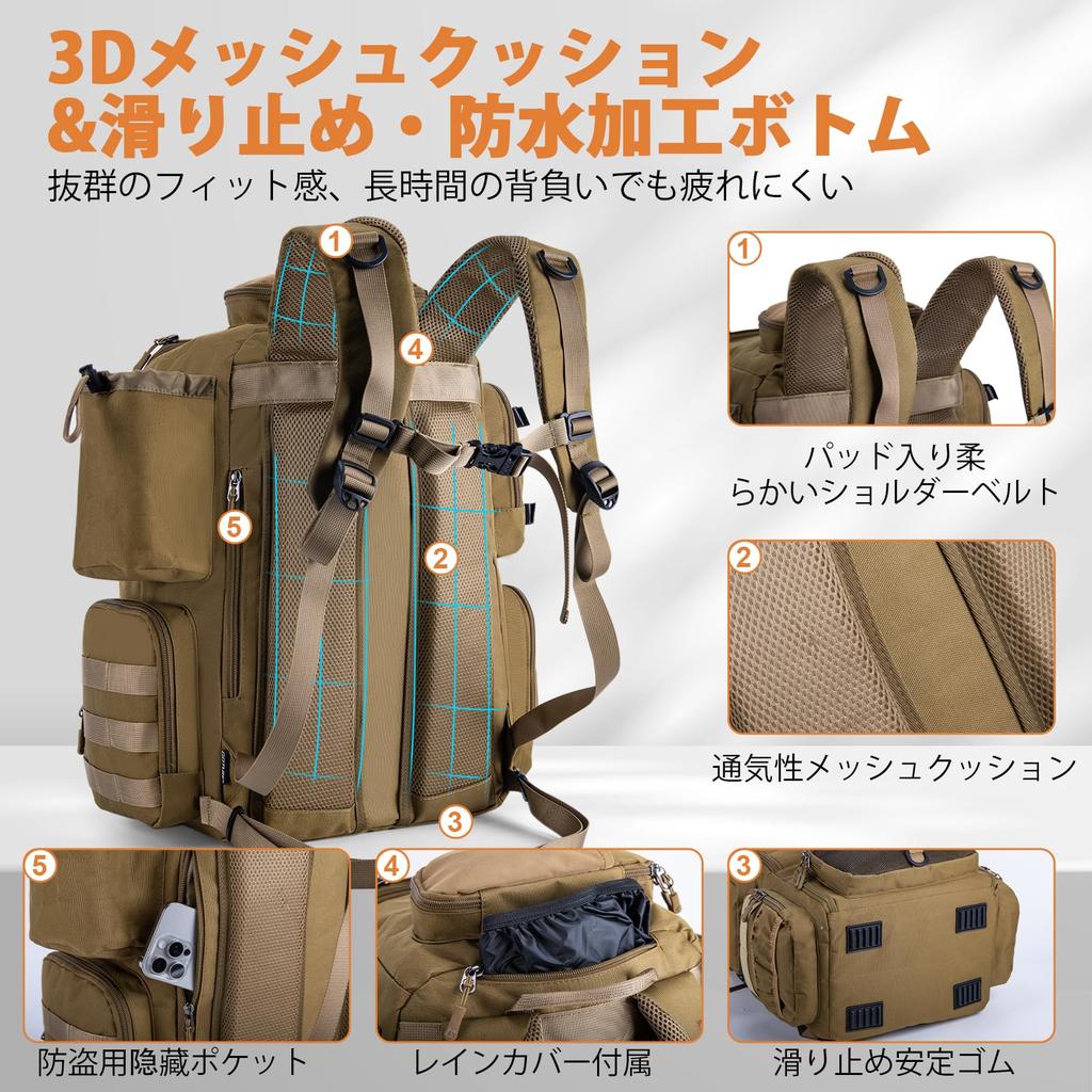 Goture Fishing Backpack, 58L Large Capacity, 900D Oxford Fabric with Water-Repellent Finish, Detachable Shoulder Bag, Expandable Clear Storage Pouch,