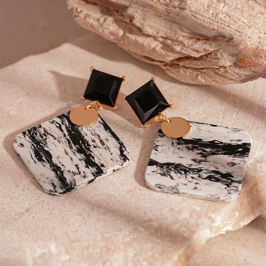 Vintage Acrylic with Diamonds Square Geometric Silver Needle Earrings Niche Earrings