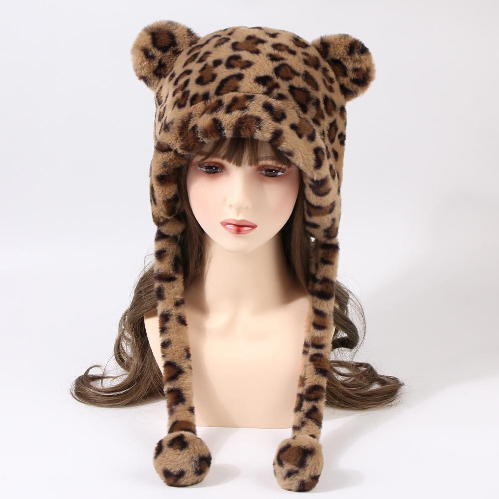 

Милая маленькая плюшевая шапка с леопардовым принтом женская осенне-зимняя утолщенная теплая защитная милая шапка с ушками Lei Feng безголовая шапка с рисунком из мультфильма 55-59cm хаки