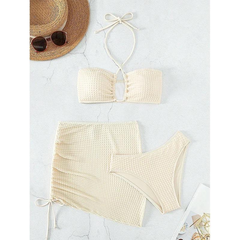 3 Piece Bikini Suit Beige Color Sexy Hang neck Swimwear Female Side Draw rope Skirt Women Beach suit