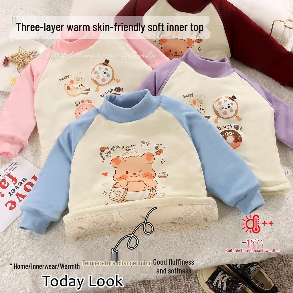 Children's Warm Cotton Cartoon Base Layer Top - Temperature-Sensitive, Half-High Collar Shirt for Baby Girls, Ideal for Autumn/Winter.