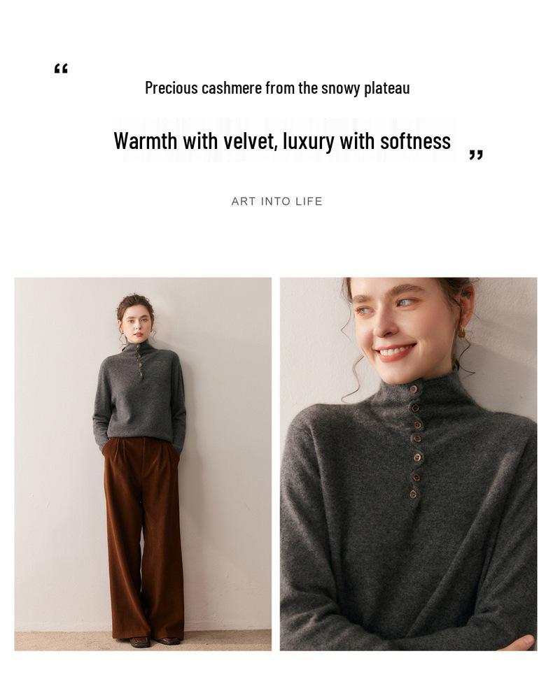 2025 Women's Cashmere Wool High Neck Multi-Button Sweater - Autumn Winter Solid Design