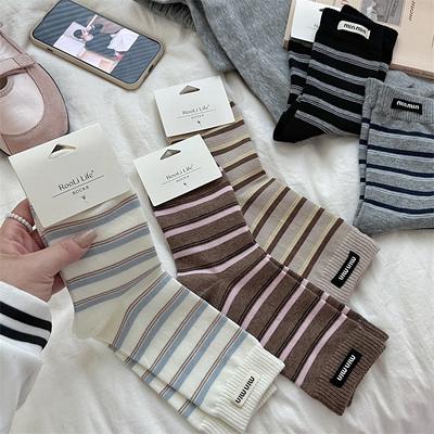 Striped Fabric Label Socks, Women's Mid-calf Socks, Trendy Pure Cotton Spring and Autumn Color-blocked Socks, Winter Pile Long Socks