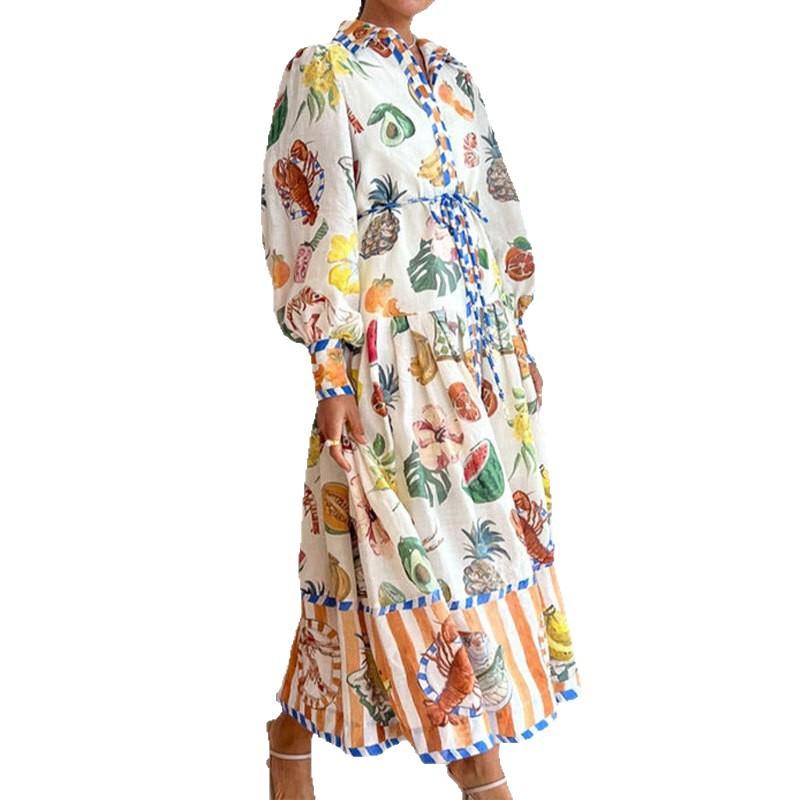 Women's new skirt, fashion printed lantern sleeve lapel waist long-sleeved dress women