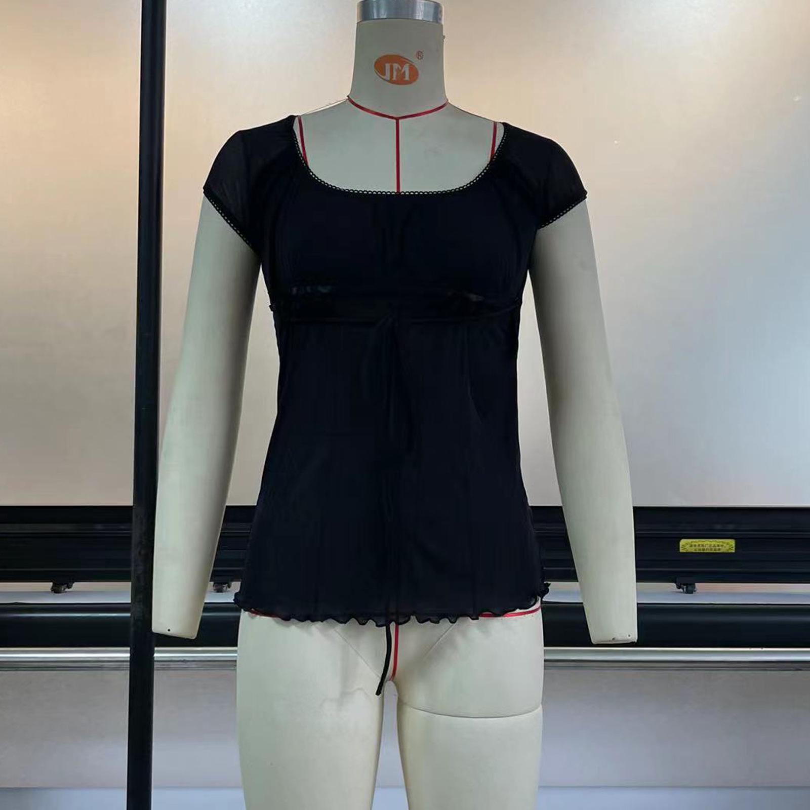 

Женская блузка из сетчатого кружева: Сексуальный пуловер с поясом-бабочкой на талии (SU2758) L чёрный