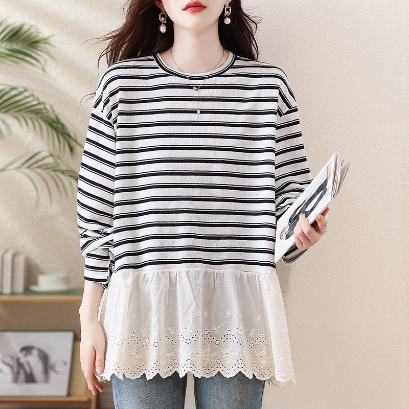 long sleeve oversized Knitted lace vintage stripe Casual loose spring autumn winter t shirt tops Women t-shirt