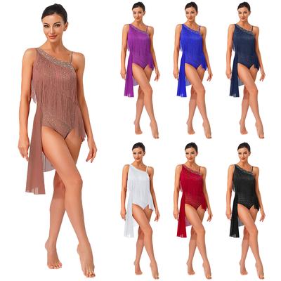 Damen Latein Tanzkleid Asymmetrische Schulter Glitzer Strasssteine Unregelmäßiger Saum Schrittöffnung Leotard