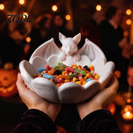 Desktop Storage Organizer Halloween Bat Candy Dish, 3D Printed Matte White PLA Gothic Home Decor Bowl, Table Ornament for Entryway And Coffee