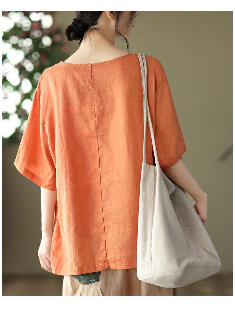 Women's Retro Print Cotton Linen Top - Short Sleeve, Loose Fit Pullover