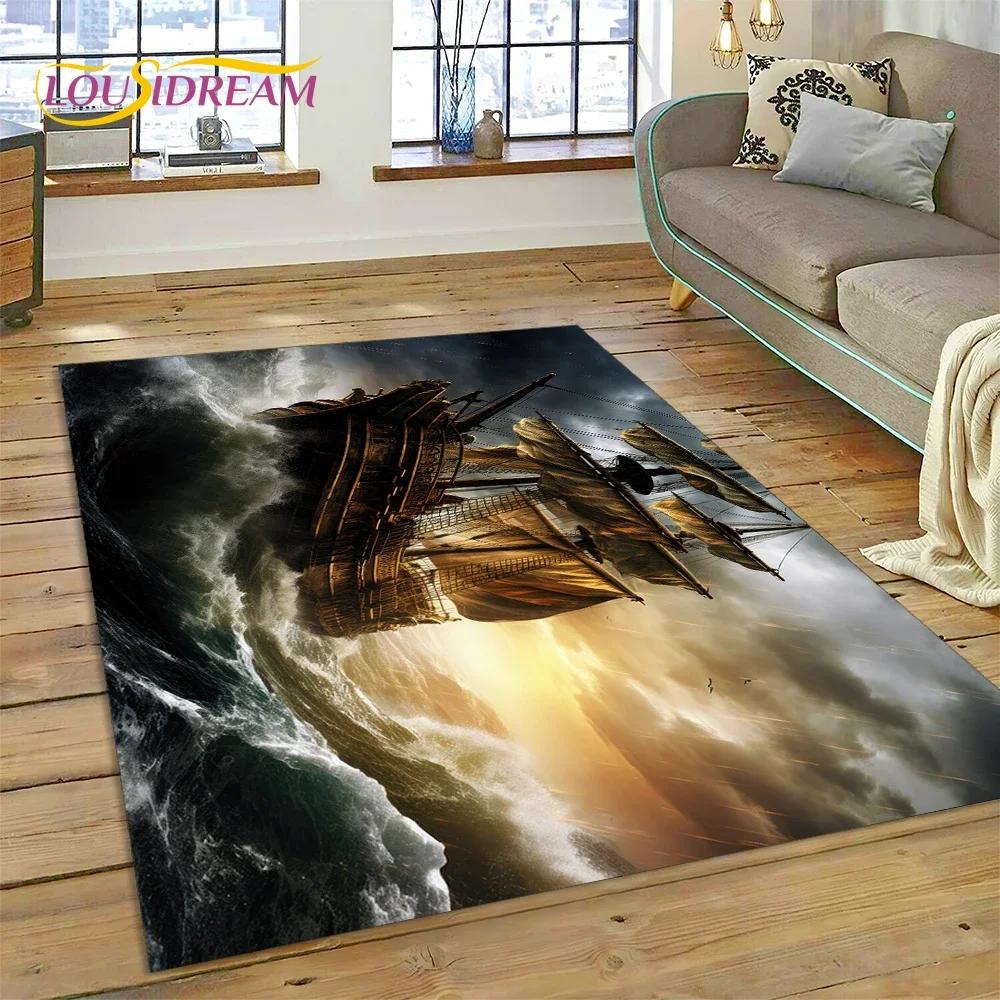 Ancient Pirate Ship Boat,Barque,Sailboa Carpet Rug for Bedroom Living Room Home Sofa Decoration,Child Game Large Decor Floor Mat