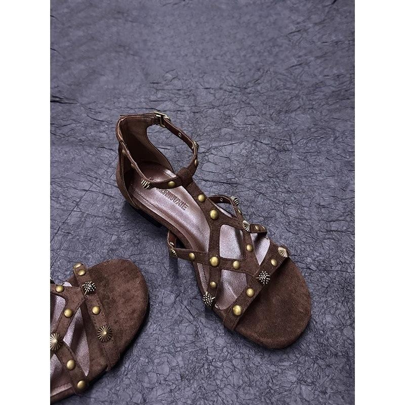 

Sweet and cool version~ Retro rivet hollow open-toed flat-soled Roman sandals ethnic style vacation one-word buckle strap sandals women 40 коричневый