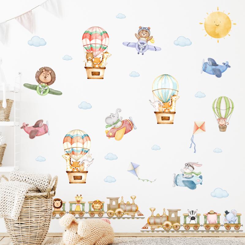 Children's Room Wall Stickers Cartoon Animals on Train Airplane Hot Air Balloon Wall Decals Baby Nursary Kindergarten Decoration