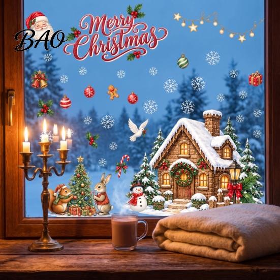 Seasonal Glass Surface Stickers Christmas Window Clings, Snowy Village House Xmas Tree Squirrel Rabbit Outdoor Balcony Sticker, Double-Sided