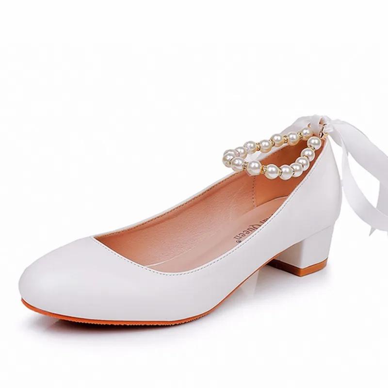 Women Pumps Sexy Wedding Prom Sandals Ankle Strap PU 3CM Square Heel New Fashionable Round Headed Pearl Ribbon Women Shoes