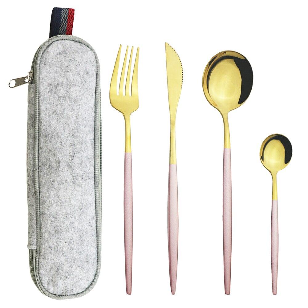 Mátově zelená zlatá sada nádobí Sada příborů na cesty, kemping, nůž, vidlička, lžíce, přenosná šedá taška, sada nádobí z nerezové oceli