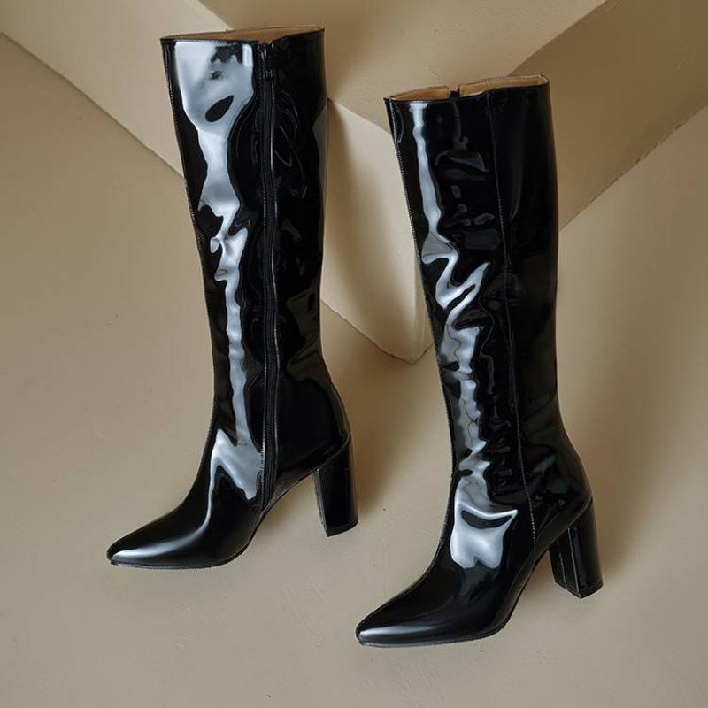 Korean Version of Pointed High-heeled Large-size Women's Boots, Comfortable Square-heeled Side Zipper Fashion Boots, New Patent Leather Red High Boots