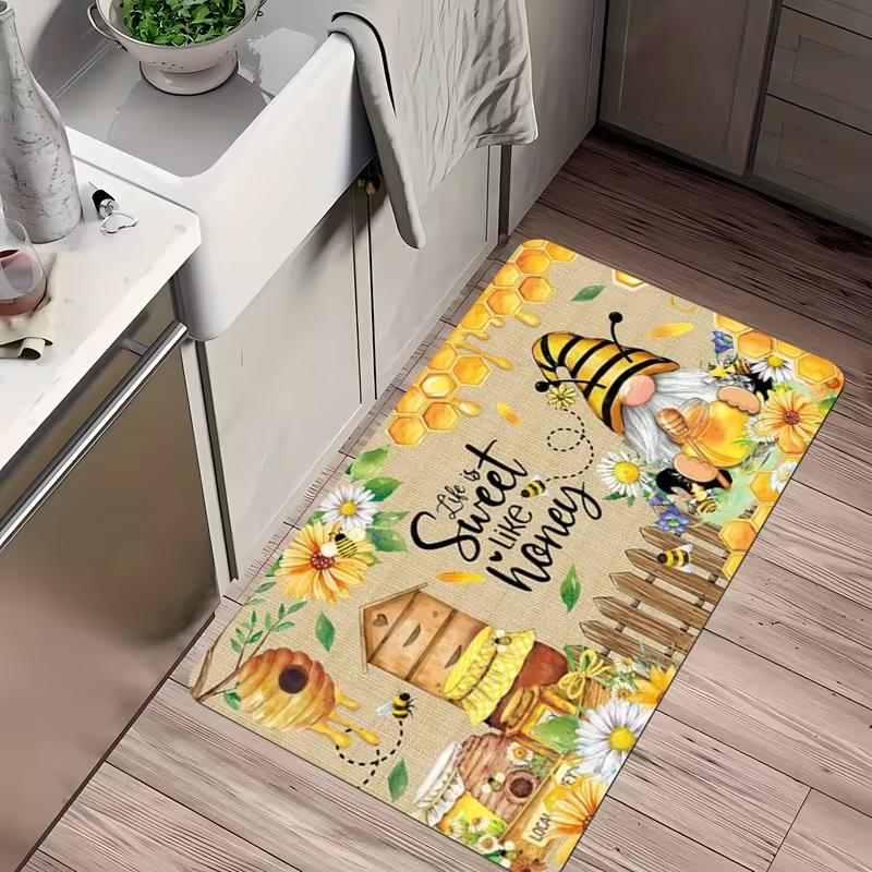 A Set of Kitchen Mats with Bee and Floral Designs for Outdoor Themes and Fade Resistant Home Decor