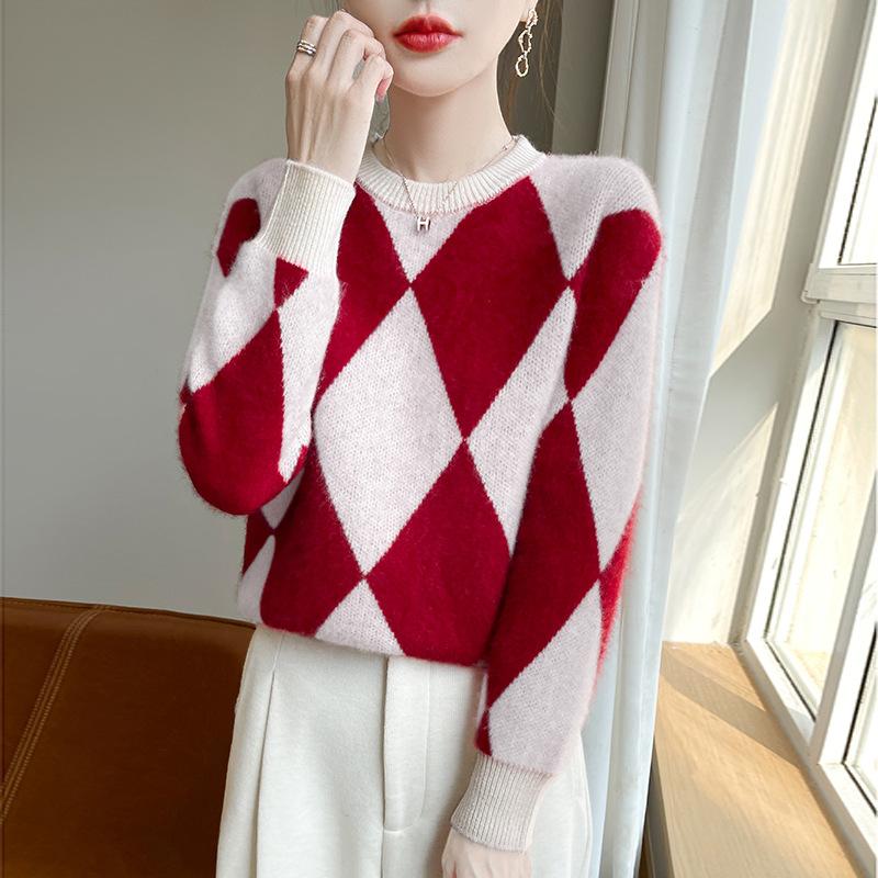 

Новый пуловер с круглым вырезом, контрастный свитер из чистой шерсти для женщин, ромбовидный, свободный, универсальный базовый свитер XXL красный