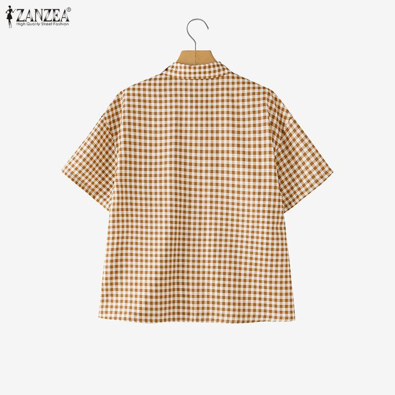 ZANZEA Women Casual Turn Down Collar Loose Short Sleeve Plaid Print Blouse