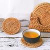 HEMU-Handwoven Rattan Coaster Set with Storage Holder - Round Woven Trivets, Heat Resistant Cup Mats for Tea & Table Protection