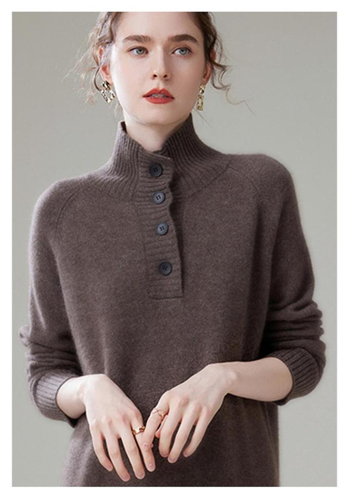 Women's High-Neck Cashmere Knit Dress - Button-Up, Knee-Length, Thick for Autumn/Winter