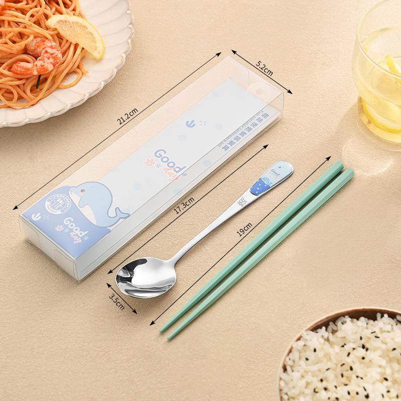 Edelstahl Besteckset Tragbarer Löffel Essstäbchen mit Box Reise Studenten Geschirrset Niedliches Cartoon Tiermuster