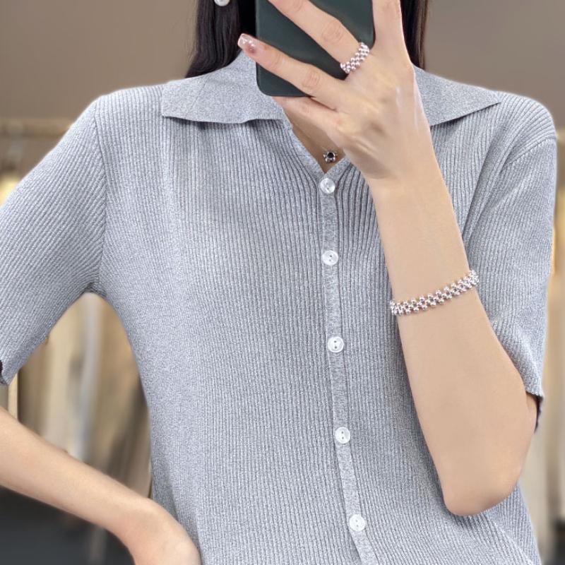 

Футболка с коротким рукавом из ледяного шелка с воротником поло для женщин на лето Новая свободная и приталенная и модная футболка с лацканами Тонкий топ XXL