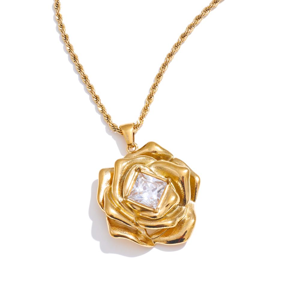 

Yhpup Fashion Bling Cubic Zirconia Metal Flower Pendant Necklace Golden PVD Plated Stainless Steel Trendy Classic Jewelry