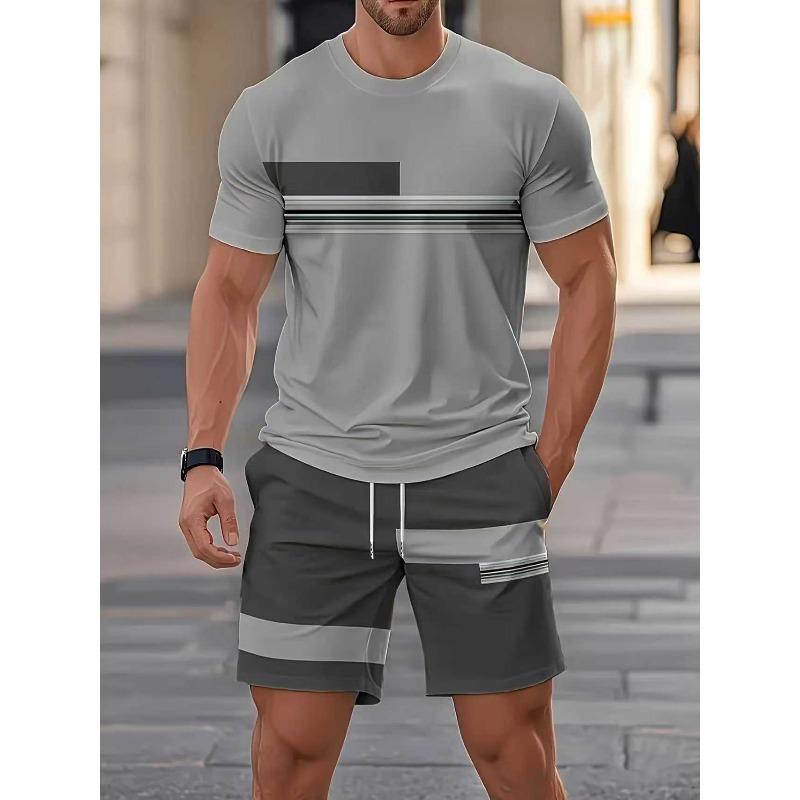 Summer  Arrival Men's Casual Two-Piece Set Striped Print Short-Sleeve Shirt and Athletic Shorts Set