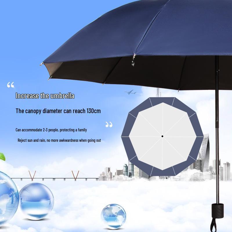 Large Dual-Purpose Sun and Rain Umbrella for 2-3 People, Reinforced Three-Fold Design with Printed Logo