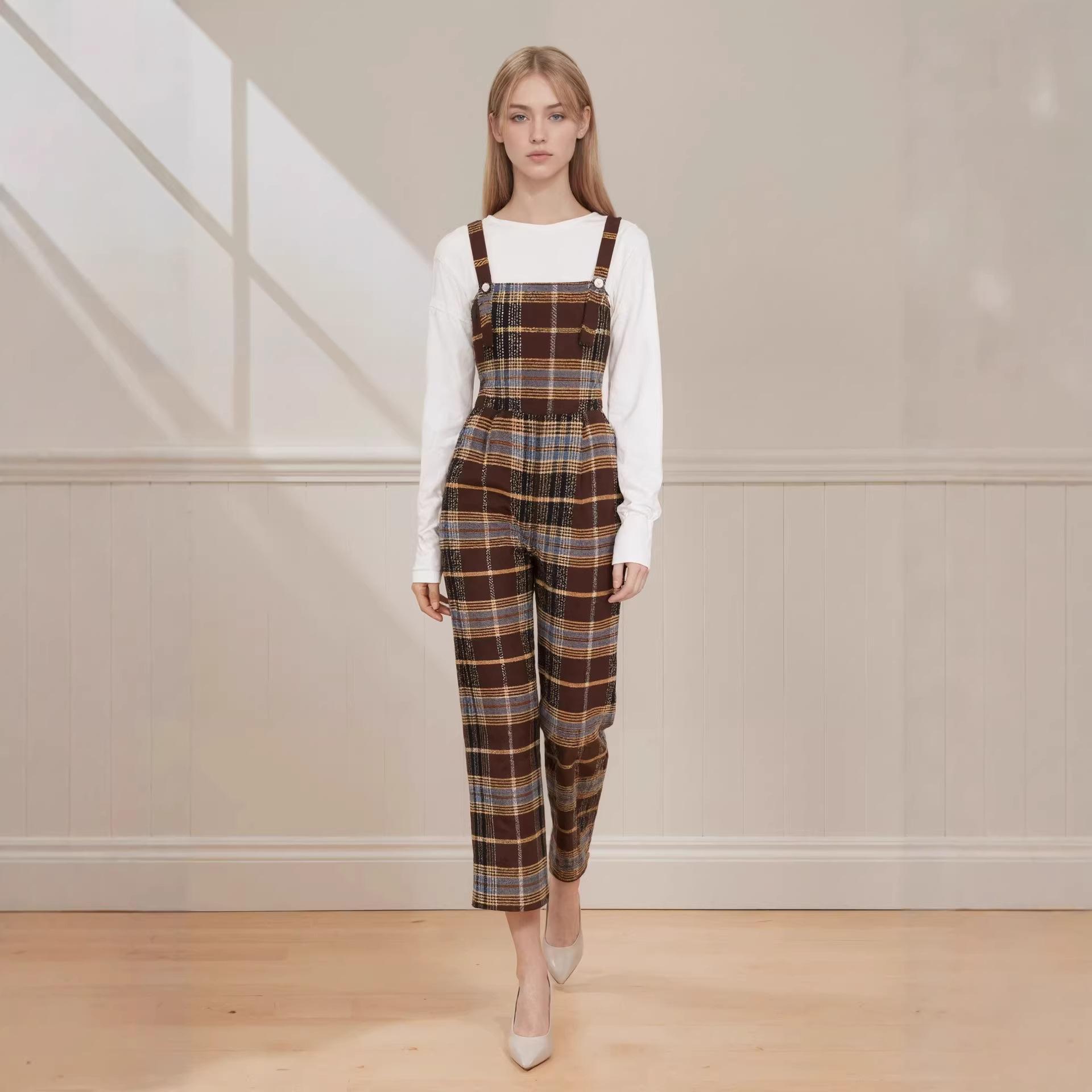 Independent Station Europe, America, autumn and winter fashion classic plaid contrasting color overalls high waist loose wide leg trousers S