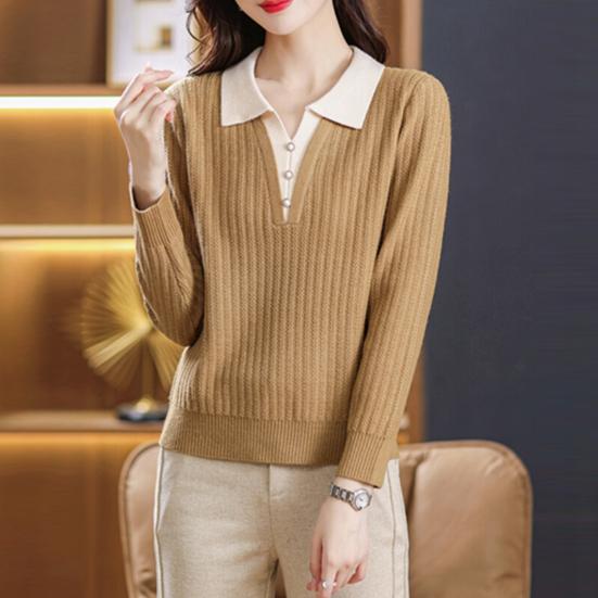 Women Sweater Fake Two-Piece Design Lapels Long Sleeve Fitted Casual Top Autumn