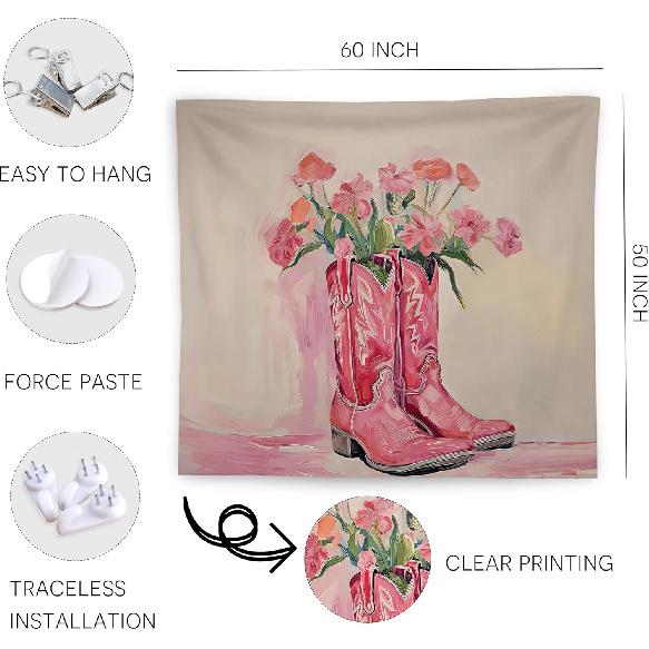 WNAGT Pink Western Tapestry Wall Hanging, Cowgirl Room Decor, Pastel Pink Floral Cowgirl Boots Western Wall Blanket Decor for Girls Bedroom Dorm