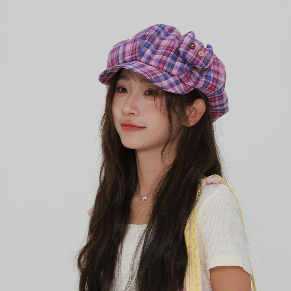 Korean Style Plaid Cloud Berets Sun Protection Octagonal Caps Retro Newsboy Cap  Female