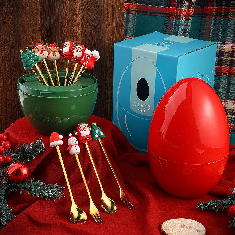 2PCS Stainless Steel Coffee Spoon Christmas Dessert Spoon Cake Fork Cartoon Christmas Tree Elk Spoon Fork Christmas Gift Box