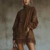 New High Collar Suede Retro Loose Pocket Tassel Long Sleeve Dress