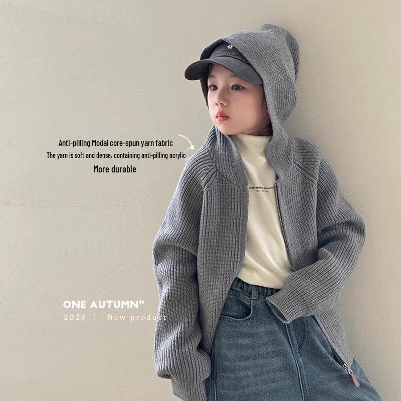

Girls & Boys Red Hooded Knit Cardigan - Korean Style Zipper Outerwear for Autumn/Winter 160 cm