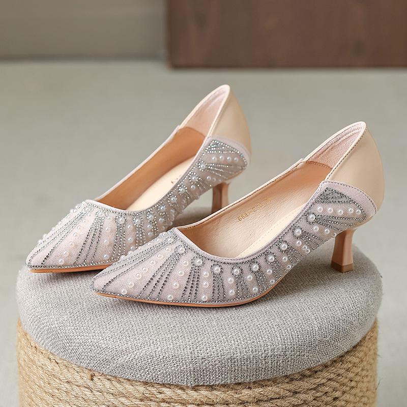 

2025 новые туфли темперамент сверкающие шпильки высокие каблуки полные бриллиантов жемчужные заостренные неглубокие одинарные туфли женские 6681-ES6 34 розовый