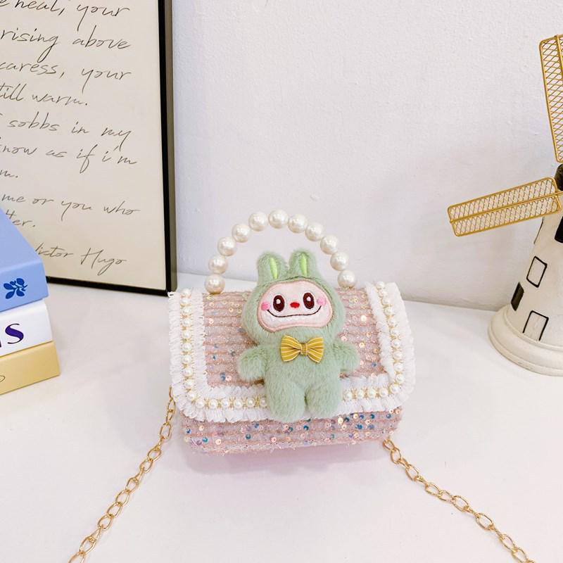Labubu Children's Plush Lace Pearl Shoulder Bag - Crossbody Storage for Kindergarten Kids