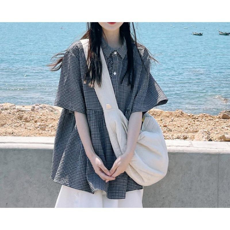 Summer Thin Ort Plaid Casual Women's Shirt Small Size Commute Loose Fit Regular Length Doll Collar
