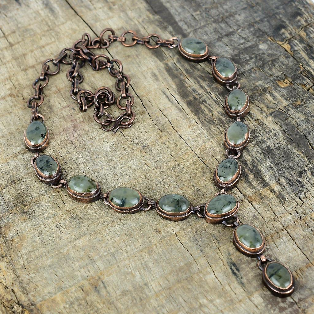 Moss Prehnite Gemstone Necklace Electroformed Copper Necklace Handmade Jewelry Adjustable Chain Necklace Electroformed Jewelry Gifts for Her