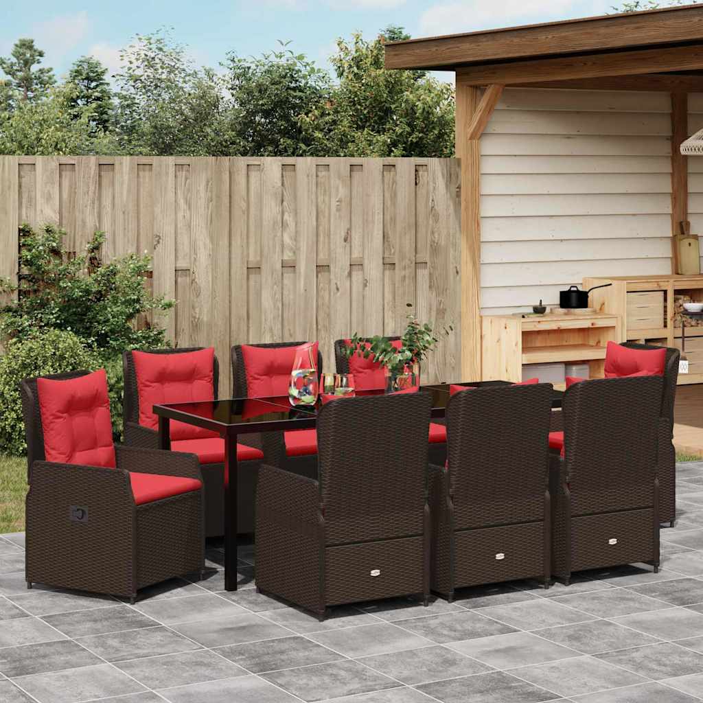 9 Piece Brown Poly Rattan Garden Dining Set with Cushions