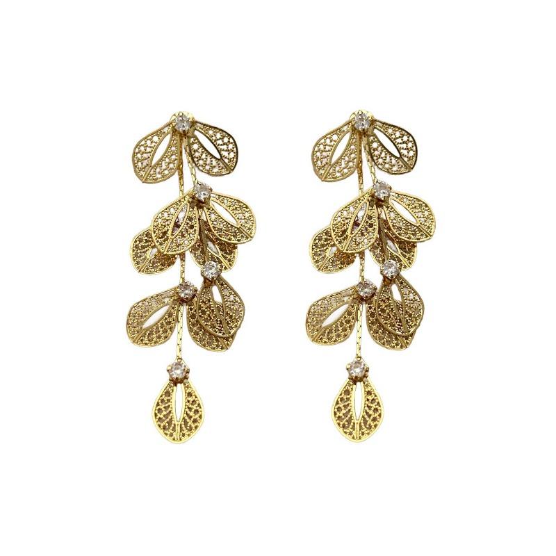 Chinese Leaf Flower Tassel Earrings Light Luxury Luxury And High-End Zircon Niche Design Earrings Are Exaggerated