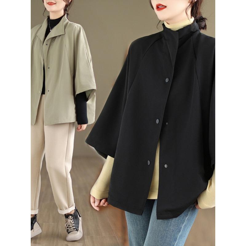 Women Loose Short Trench Coat Raglan 7 Sleeve Literary Casual Outerwear