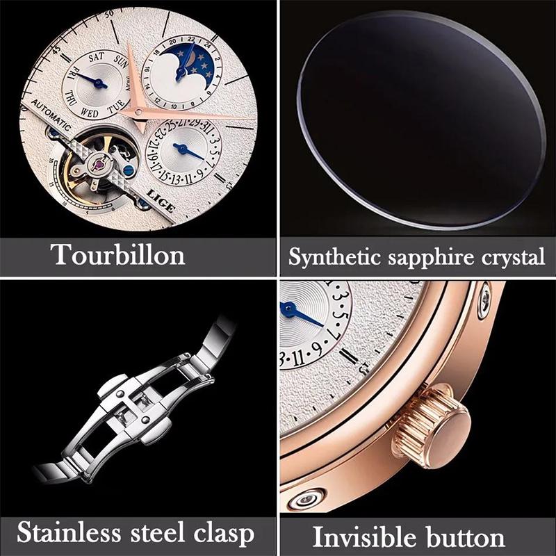 Heren Horloges Automatisch Mechanisch Horloge Tourbillon Klok Echt Leer Waterdicht Horloge Mannen Militaire Polshorloge Man